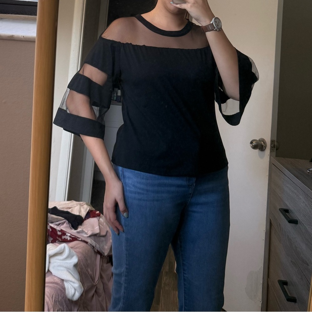 NEVER USED Black Round Neck Mesh Flare Sleeve Business Casual
Blouse
